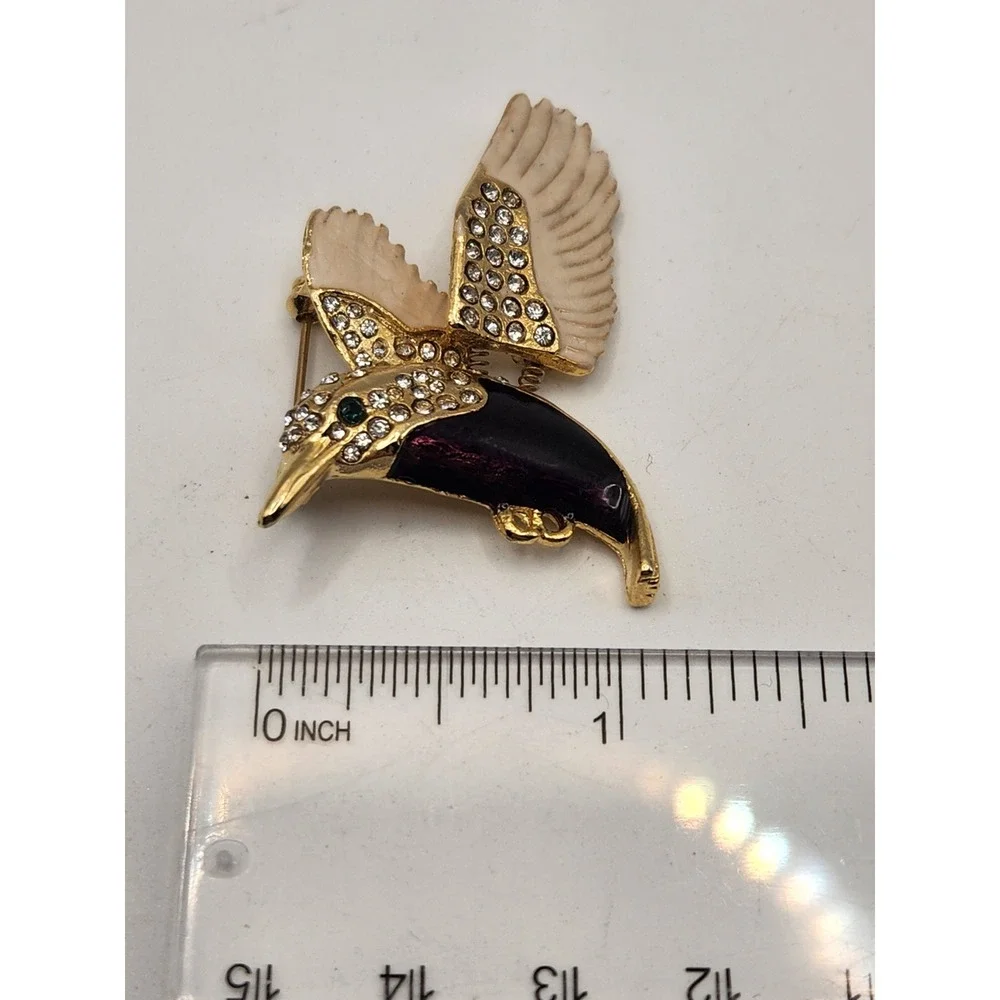 Gold Tone Purple Enamel Rhinestone Hummingbird Trembler Brooch Pin‎ Bird